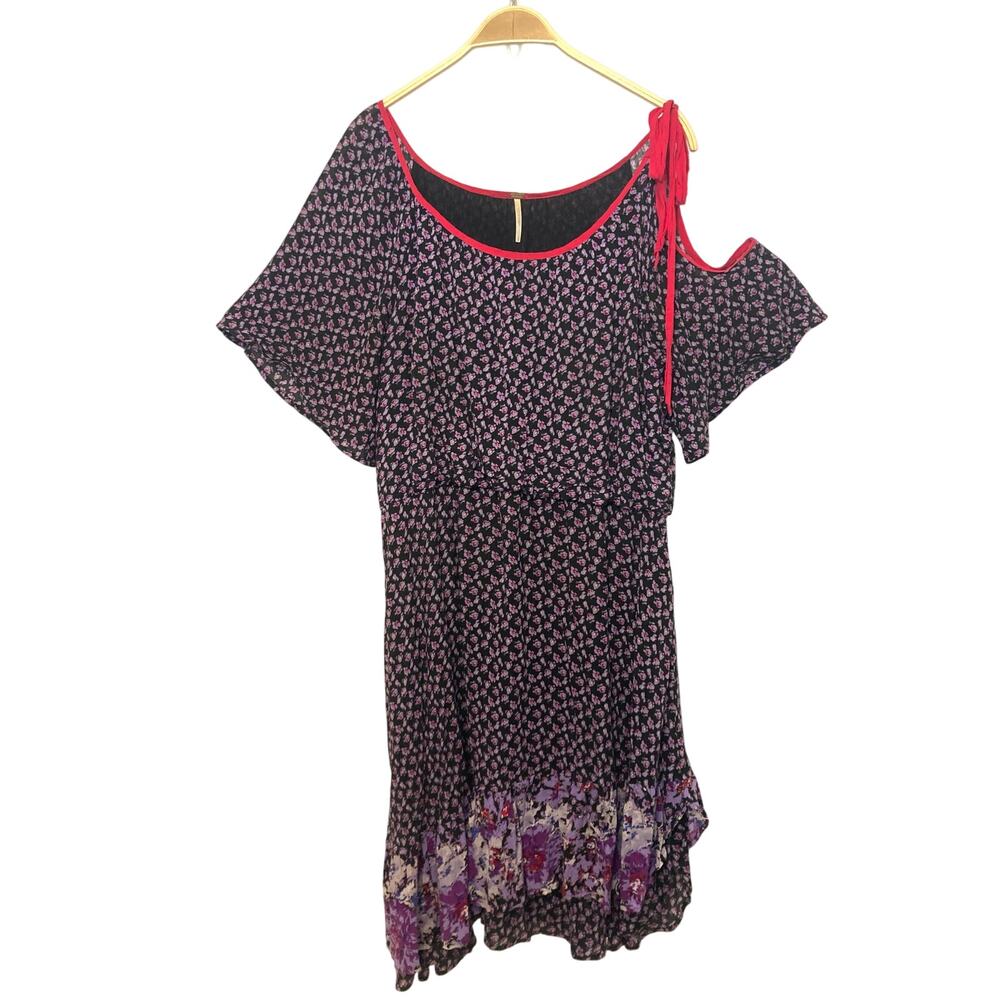 Free People Purple Pink Floral Asymmetrical Cold Shoulder Tie Mini Flounce Dress